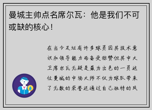 曼城主帅点名席尔瓦：他是我们不可或缺的核心！